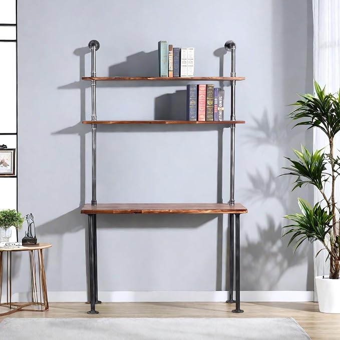 Industrial Style Office Decor,Computer Desk 47.2"×20"×79" with 2-Tier Storage Pipe Shelves,Bookshelf Laptop Desk,Studying Writing Table Workstation with Hutch for Home Ofiice