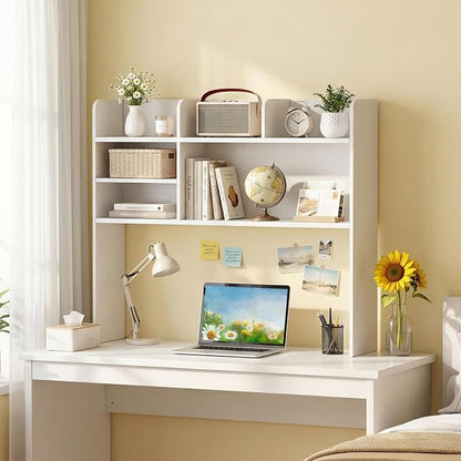 LDAILY 3-Tier Desktop Bookshelf, Wooden Desk Hutch for Computer Monitor Up to 32 Inch, Desk Organizer Shelf with Adjustable Shelf & 6 Storage Shelves, Desk Display Rack for Home Office Dorm (White)