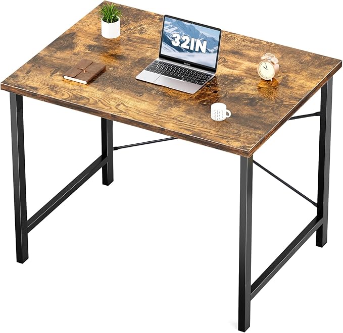 Sweetcrispy 32 Inch Small Computer Desk, Home Office Desk, Small Study Workstation for Bedroom, Study Table with X-Shaped, Modern Simple Gaming Table, Rustic Brown