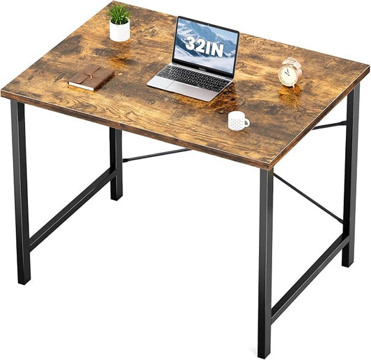 Sweetcrispy Computer Small Office Desk 32 Inch Student Kids Study Writing Work with Metal Frame Wood Tabletop Modern Simple PC Home Bedroom Table - Rustic Brown
