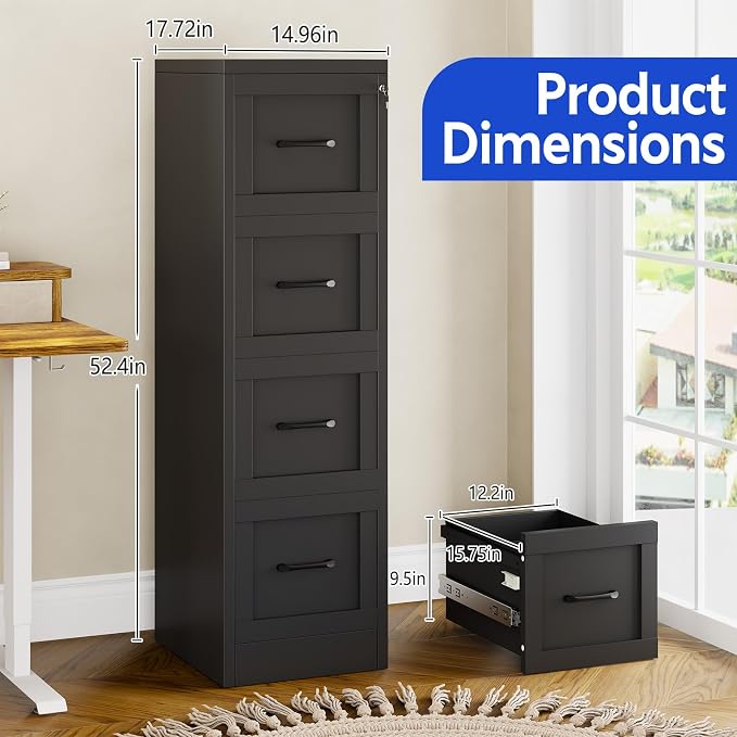 Small Metal 4-Drawer File Cabinet, Under-Desk Filing Cabinet, Black | Locking, Adjustable Hanging Rail, Fit A4, FC, Letter, Hanging File Folders for Home Office Storage Organization, 2PS