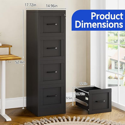 Small Metal 4-Drawer File Cabinet, Under-Desk Filing Cabinet, Black | Locking, Adjustable Hanging Rail, Fit A4, FC, Letter, Hanging File Folders for Home Office Storage Organization, 2PS
