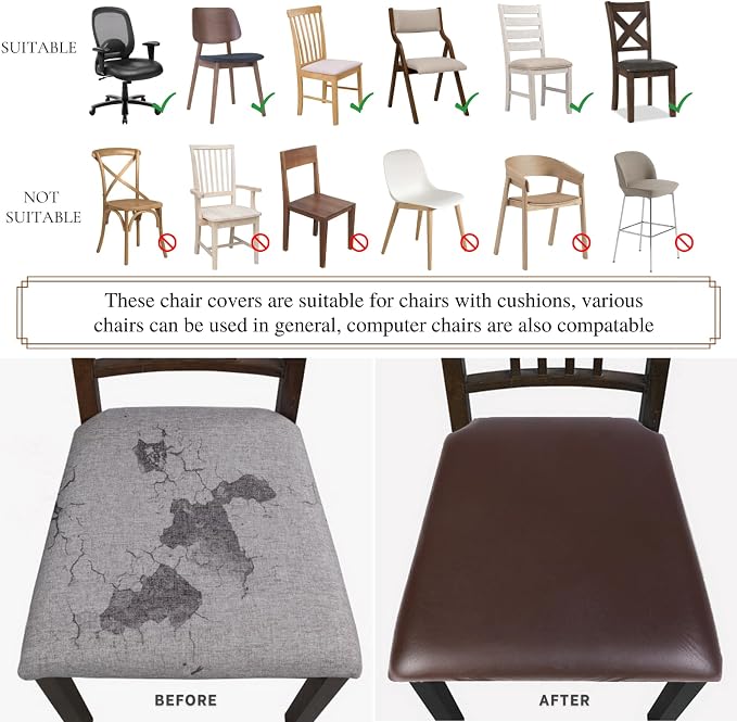 SearchI Waterproof PU Leather Seat Covers for Dining Chairs, 2 Pack Stretch Dining Room Chair Seat Covers, Kitchen Chair Seat Covers Protectors (Brown)