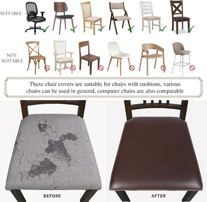 SearchI Waterproof PU Leather Seat Covers for Dining Chairs, 2 Pack Stretch Dining Room Chair Seat Covers, Kitchen Chair Seat Covers Protectors (Brown)