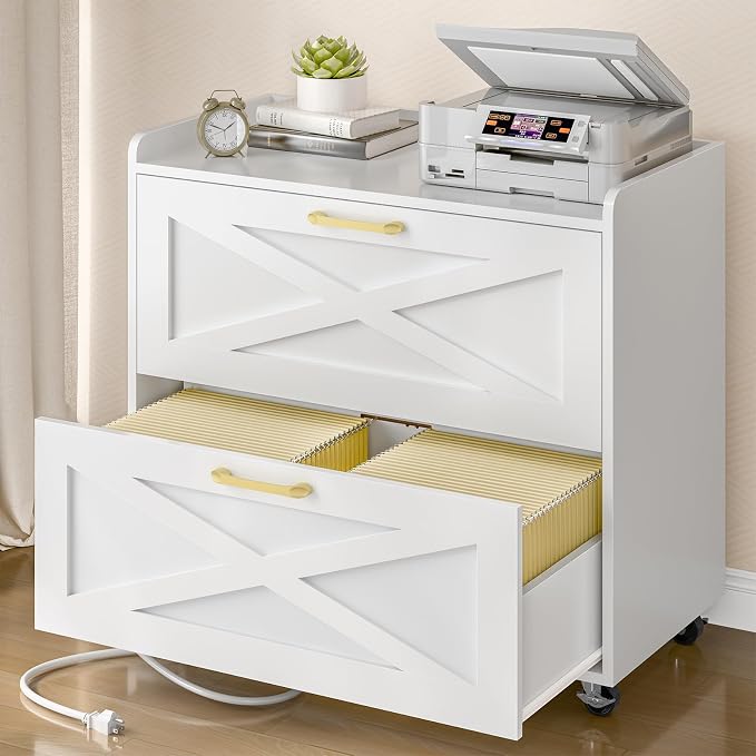 Lateral File Cabinet 2 Drawer Mobile File Cabinet with Charging Station for Legal/Letter/A4 Size Hanging Files, Modern Farmhouse Large Wood File Storage Cabinet for Home Office Furniture(Simple White)