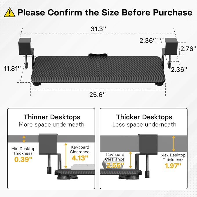 BONTEC KMT01 Under Desk Keyboard Tray, Pull-Out Keyboard & Mouse Platform with C-Clamp, 25.6 x 11.8 in Space-Saving Ergonomic Slide-Out Drawer, Black Carbon Fiber