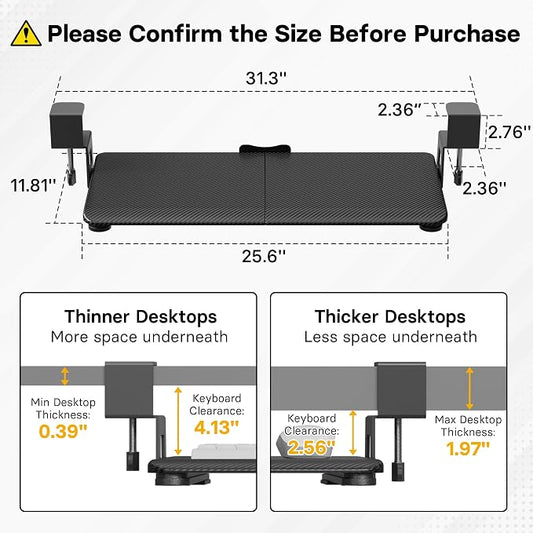 BONTEC KMT01 Under Desk Keyboard Tray, Pull-Out Keyboard & Mouse Platform with C-Clamp, 25.6 x 11.8 in Space-Saving Ergonomic Slide-Out Drawer, Black Carbon Fiber