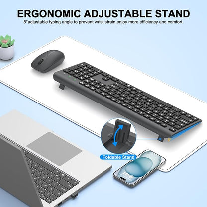 Wireless Keyboard and Mouse Combo, Full-Size Silent Ergonomic Keyboard and Optical Mouse, Long Battery Life, 2.4G Lag-Free Mice Keyboard for Computer, Mac, Laptop, PC, Windows(Gray)