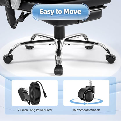 Massage Office Chair with Foot Rest, 400 LBS Ergonomic Executive Chair, High Back Reclining Leather Desk Chair with 135° Recline, 6-Point Vibration and Heat, Modern