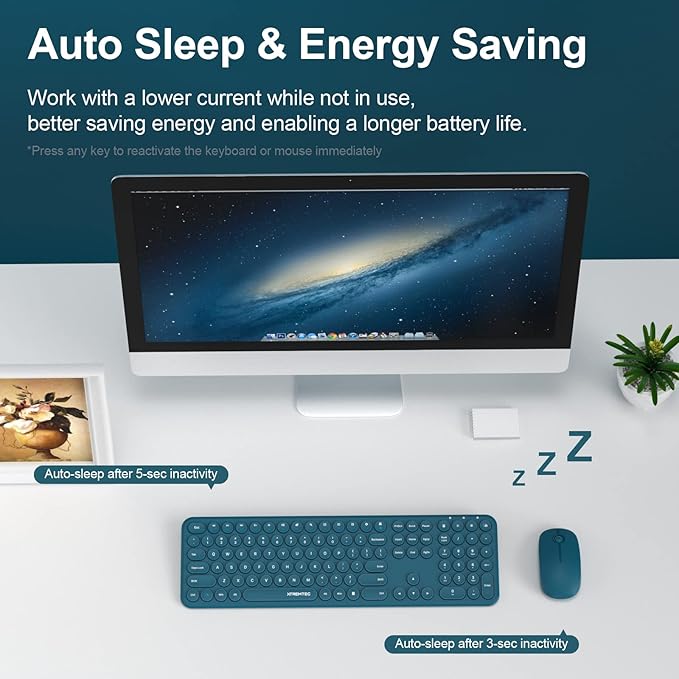 2.4GHz Full Size XTREMTEC Wireless Keyboard and Mouse Combo,Ultra Slim Silent Cute Aesthetic Retro Round Keycap Keyboard,Cordless Quiet Blue Keyboard and Mouse Wireless for Windows,Mac OS (Blue)