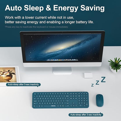 2.4GHz Full Size XTREMTEC Wireless Keyboard and Mouse Combo,Ultra Slim Silent Cute Aesthetic Retro Round Keycap Keyboard,Cordless Quiet Blue Keyboard and Mouse Wireless for Windows,Mac OS (Blue)