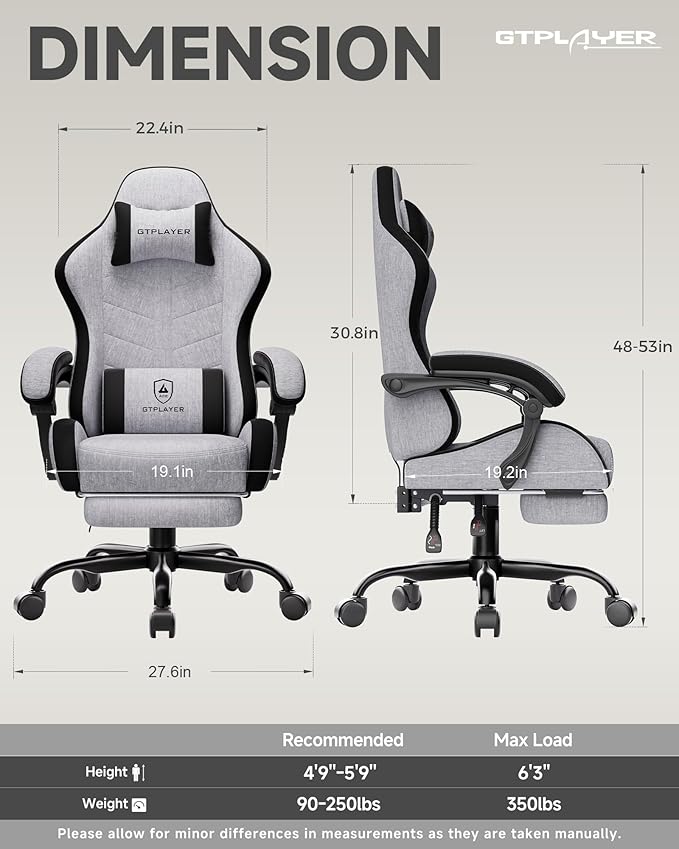 GTPLAYER Gaming Chair with Footrest, Computer Gaming Chair for Adults, Height Adjustable Gamer Chair with 90-155° Recline & Removable Headrest Lumbar Support,Linen Fabric Gray-Black