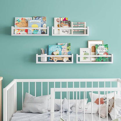 Fixwal Floating Book Shelves for Wall, 16.5 Inch Nursery Book Shelves for Playroom Decor, Set of 4, Solid Wood Wall Mounted Shelves for Books and Toys Storage (White)