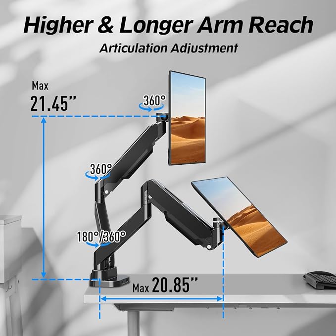 MOUNTUP Dual Monitor Mount Fits Max 39'' Screen, Ultrawide Dual Monitor Desk Mount Hold 4.4-33 lbs, Adjustable Gas Spring Double Monitor Arms, Computer Monitors Stand with USB, VESA Monitors Bracket