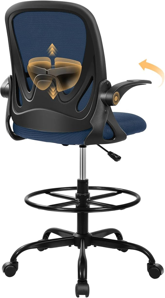 Primy Drafting Chair Tall Office Chair with Flip-up Armrests Executive Ergonomic Computer Standing Desk Chair with Lumbar Support and Adjustable Footrest Ring (Navy)