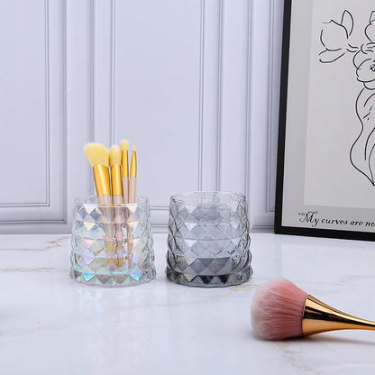DASITON Glass Makeup Brush Holder Organizer, Diamond Pattern Cosmetic Storage Cup, Makeup Organizer for Vanity, Bathroom Countertop Toothbrush Holder, Desk Pen Pencil Holder (Clear)