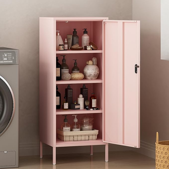 Steehoom Metal Locker Cabinet Lockable Bathroom Storage Cabinet Black 4 Tier Employee Lockers for Home, School, Office, Garage (Pink, 19.69" D x 15.75" W x 49.21" H)