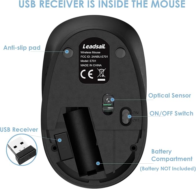 LeadsaiL Wireless Mouse for Laptop, 2.4GHz Silent USB Mouse, Slim Optical Mouse with 3 Buttons, 1600 DPI, Works with Windows, Mac, Chrome OS, Linux - Black and Purple