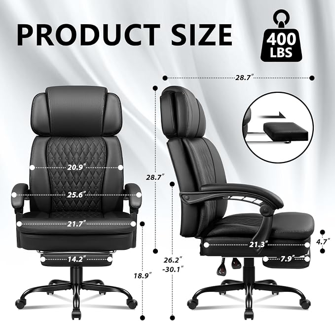 Office Chair with Foot Rest 400lbs, High Back Leather Office Chair Big and Tall, Heavy Duty Ergonomic Executive Desk Chair for Home Office, Black