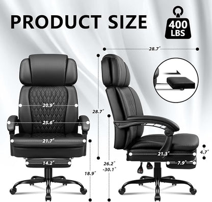 Office Chair with Foot Rest 400lbs, High Back Leather Office Chair Big and Tall, Heavy Duty Ergonomic Executive Desk Chair for Home Office, Black