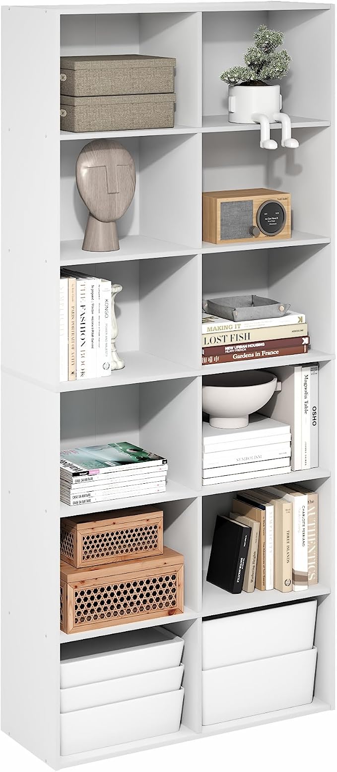 Furinno Basic Book Shelf, 12-Cube Bookshelf, Bookcase with Open Shelf, Cube Storage Organizer, 12 x 32 x 71, for Living Room, Home Office, White