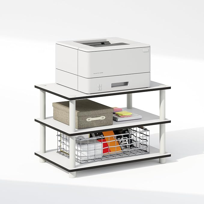 Furinno JUST Toolless Printer Stand with Storage, 3-Tier Under Desk Printer Stand, Printer Table, for CPU, Office Supplies, for Study Room, Living Room, White