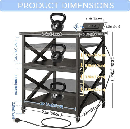 METYERRY Large Printer Stand with Power Outlet, with Height Adjustable Storage Shelf, 3 Tier Rolling Printer Cart with Industrial Wheels, 23.6 x 23.6 Inches Printer Table for Home Office,Black