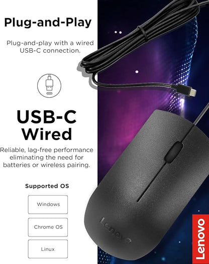 Lenovo USB-C Wired Mouse, Full Size, Ambidextrous Design, Black, Ergonomic Shape, Precision Sensor, Plug-and-Play for Right and Left-Handed Users, Durable Performance Gaming PC