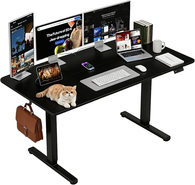 Electric Standing Desk, 63x24 Inches Height Adjustable Sit Stand up Desk with 3 Memory Presets & Child Lock，Heavy Duty Steel Frame, for Computer Workstation or Multi-PC Setup, Black