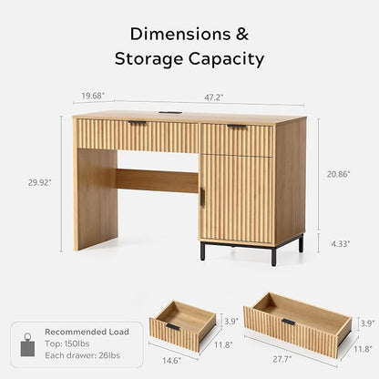 EYYTHUNG 47" Fluted Executive Desk, Modern Wood Home Office Desk with Charging Station, Drawer & Cabinet, Computer Writing Desk for Work Study, Natural Oak