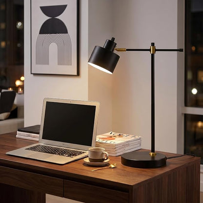 OYEARS 22.2" Modern Desk Lamp, Metal Table Lamp with LED Bulb, Adjustable Reading Lamps for Living Room, Mid Century Task Lamp for Home Office, Industrial Bedside Lamps with Solid Base,Black