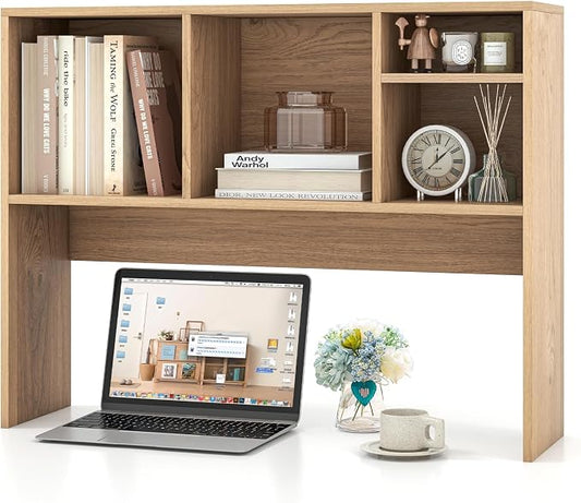 LDAILY Desktop Bookshelf, 2-Tier Office Desk Shelf Organizer Desk Hutch with 4 Shelves, 37’’L Wood Storage Rack Display Shelf for Computer Desk, Office, College Dorm, Bedroom (Natural)