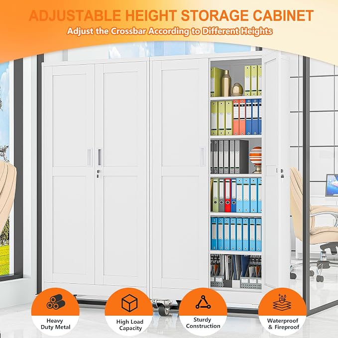 pozdeg 73.6" Metal Garage Storage Cabinets with Wheels, Lockable Rolling File Cabinets with 2 Doors and 5 Adjustable Shelves, Steel Tool Organizer Locker for Office Home Garage Gym School, White