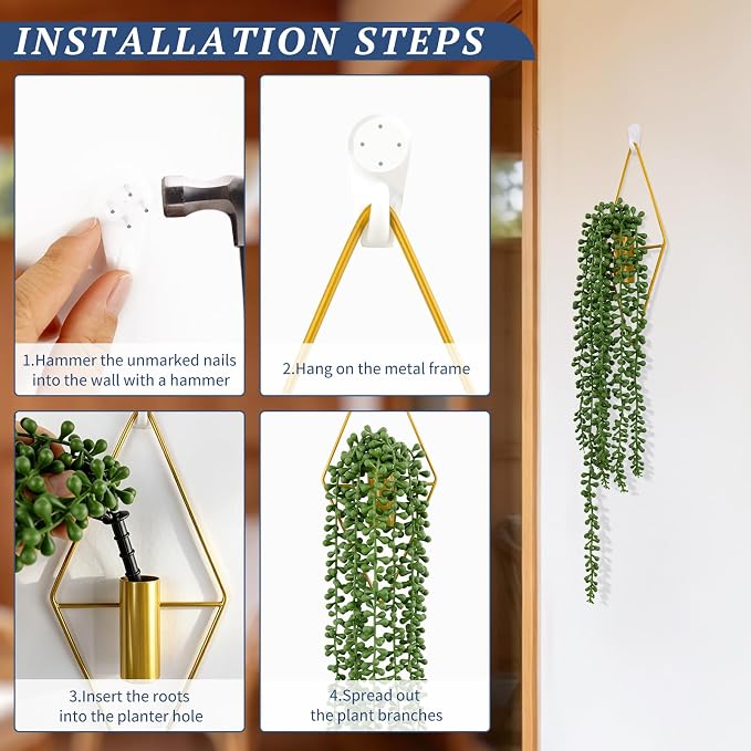 2 Pack Artificial Hanging Plants with Geometric Metal Wall Planter, Faux String of Pearls Hanging Plant, Fake Succulent Vine Potted Plant for Wall Decor, Indoor Outdoor Home Office Garden Patio Decor