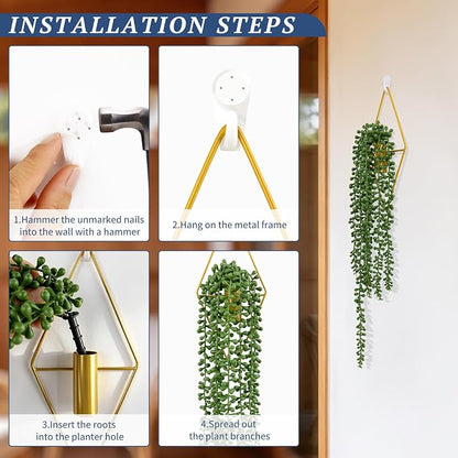 2 Pack Artificial Hanging Plants with Geometric Metal Wall Planter, Faux String of Pearls Hanging Plant, Fake Succulent Vine Potted Plant for Wall Decor, Indoor Outdoor Home Office Garden Patio Decor