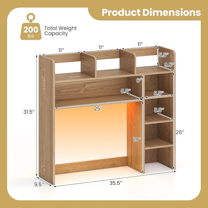 LDAILY Desktop Bookshelf with LED Lights, 35.5’’ Wooden Desk Shelf with 8 Cubes & 3 Adjustable Storage Shelves, 5-Tier Desk Hutch for Dorm College Office Computer Monitor Up to 25’’(Natural)