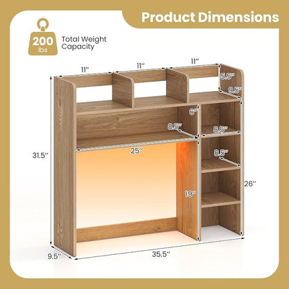 LDAILY Desktop Bookshelf with LED Lights, 35.5’’ Wooden Desk Shelf with 8 Cubes & 3 Adjustable Storage Shelves, 5-Tier Desk Hutch for Dorm College Office Computer Monitor Up to 25’’(Natural)