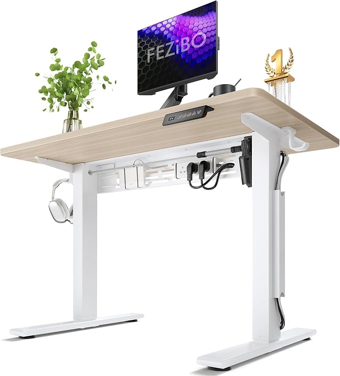 FEZIBO Electric Standing Desk with L-Shaped Crossbar & Cable Management System, 40 x 24 Inches Sit Stand up Desk, Adjustable Height Standing Desk for Home Office, Light Walnut