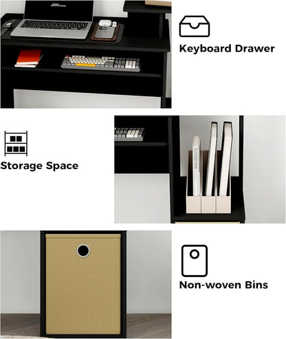 Small Computer Writing Desk with Drawers, Home Office Desk with Storage Shelves for Home Office Bedroom, Black/Brown