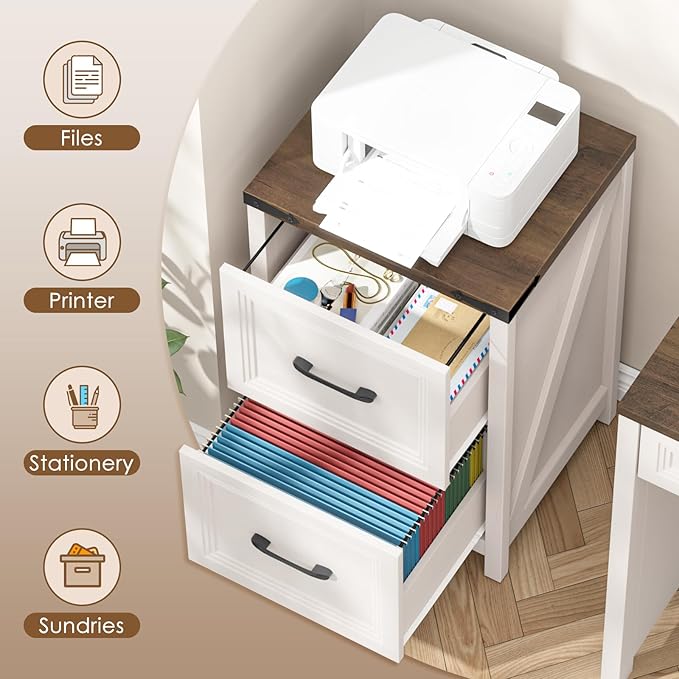 Vabches 2 Drawer Vertical File Cabinet, Wood Farmhouse Filing Cabinet Fits A4/Letter Size, Under Desk Small File Cabinets Printer Stand with Storage for Home Office, White and Brown