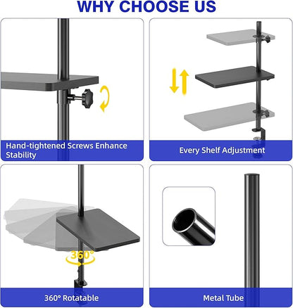 3 Tiers Clamp On Desk Shelf, 360° Angle Adjustable Desktop Shelf Organizer for Home Office Gaming Room, No Drill Desk Extender Adapt to 0.4-2.16 inches Table Thick, Black Brown