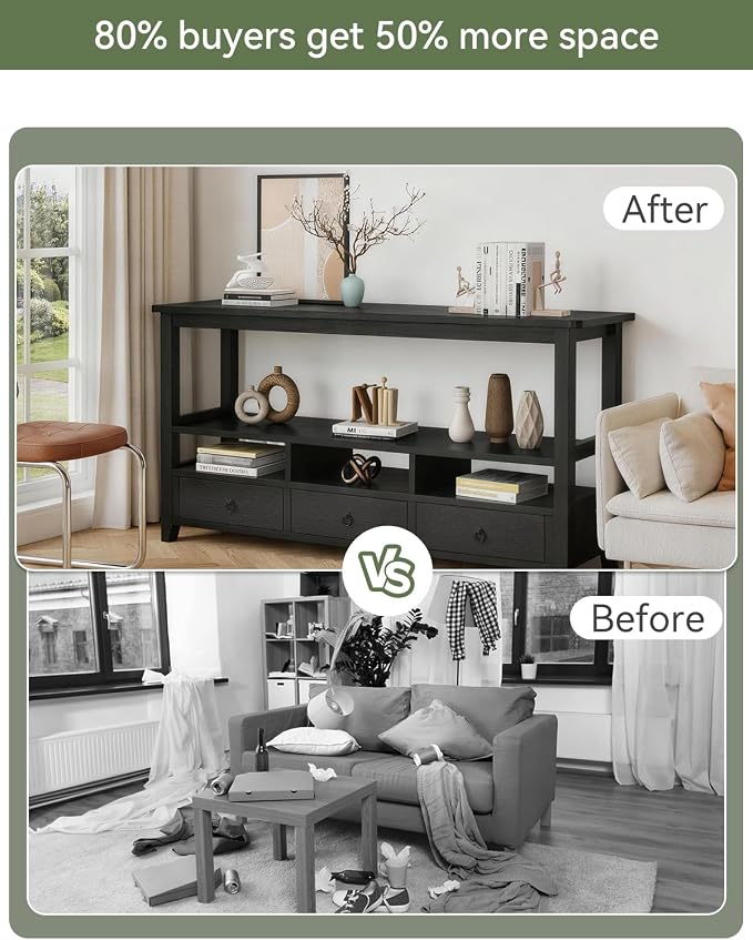 Karl home Console Table with 3 Bottom Drawers, 57.9" W Sofa Side Table Entryway Desk with 3 Storage Cubbies 1 Open Shelf, Vintage TV Stand for Hallway Living Room Office, Black 29.9" H