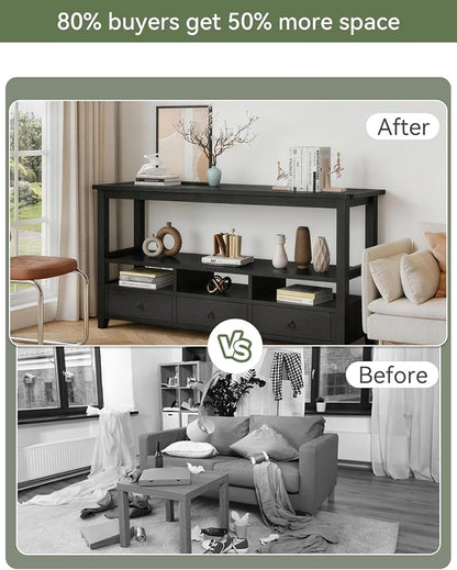 Karl home Console Table with 3 Bottom Drawers, 57.9" W Sofa Side Table Entryway Desk with 3 Storage Cubbies 1 Open Shelf, Vintage TV Stand for Hallway Living Room Office, Black 29.9" H