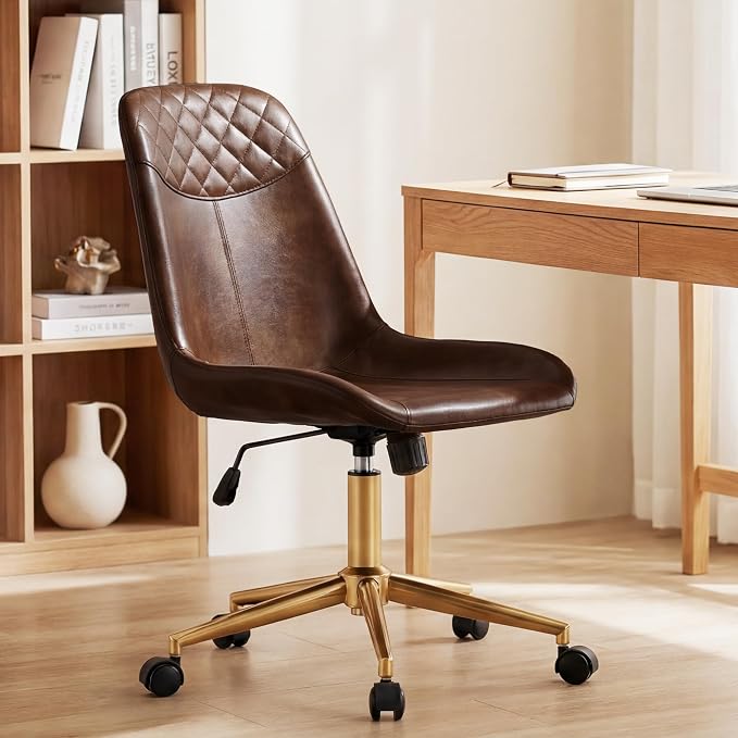 DUHOME Modern PU Leather Office Chair Desk Chair Swivel Computer Chair with Gold Base Yellowish-Brown