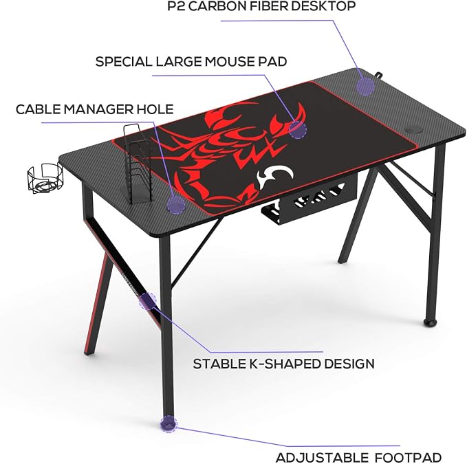EUREKA ERGONOMIC EE Gaming Desk Office Desk Computer Desk Home Table 47 Inch Desk with Mouse Pad Headset Hook Cup Holder Controller Stand, Black
