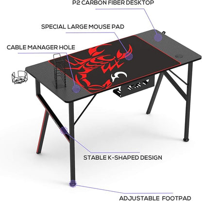 EUREKA ERGONOMIC EE Gaming Desk Office Desk Computer Desk Home Table 47 Inch Desk with Mouse Pad Headset Hook Cup Holder Controller Stand, Black
