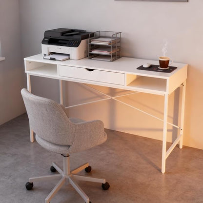 JJS 48' Writing Desk with Power Outlet, Home Office Contemporary Large Computer Desk Laptop Workstation with Drawer USB Ports Charging Station, White