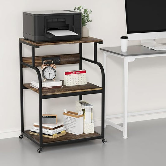 Large Printer Stand with 3-Tier Wood Storage Shelves with Power Outlet - Multi-Purpose Desk Organizer for Printer Scanner Fax Home Office Use with Wheels (Rustic Brown)