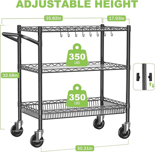 1050Lbs Heavy Duty Utility Cart with Wheels 3 Tier Rolling Metal Cart, Commercial Grade Storage Cart with Handle Bar & Shelf Liner, Trolley Wire Serving Cart for Garage, Kitchen, Restaurant