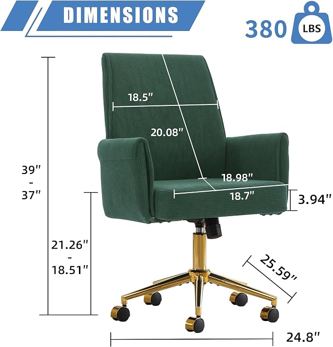 YITAI Stripes Velvet 360°Swivel Desk Chair, Modern Height Adjustable Home Office Armchair with Gold Base and Wheels for Vanity, Comfy Computer Chair for Study Living Room Bedroom（Green）